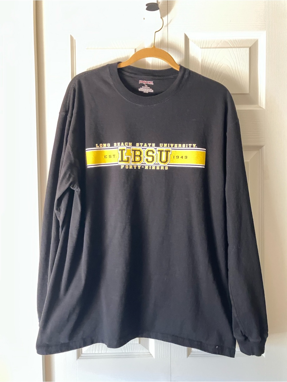 Long Beach State University Jansport Black Long-Sleeve Tee  Yellow Chest Stripe